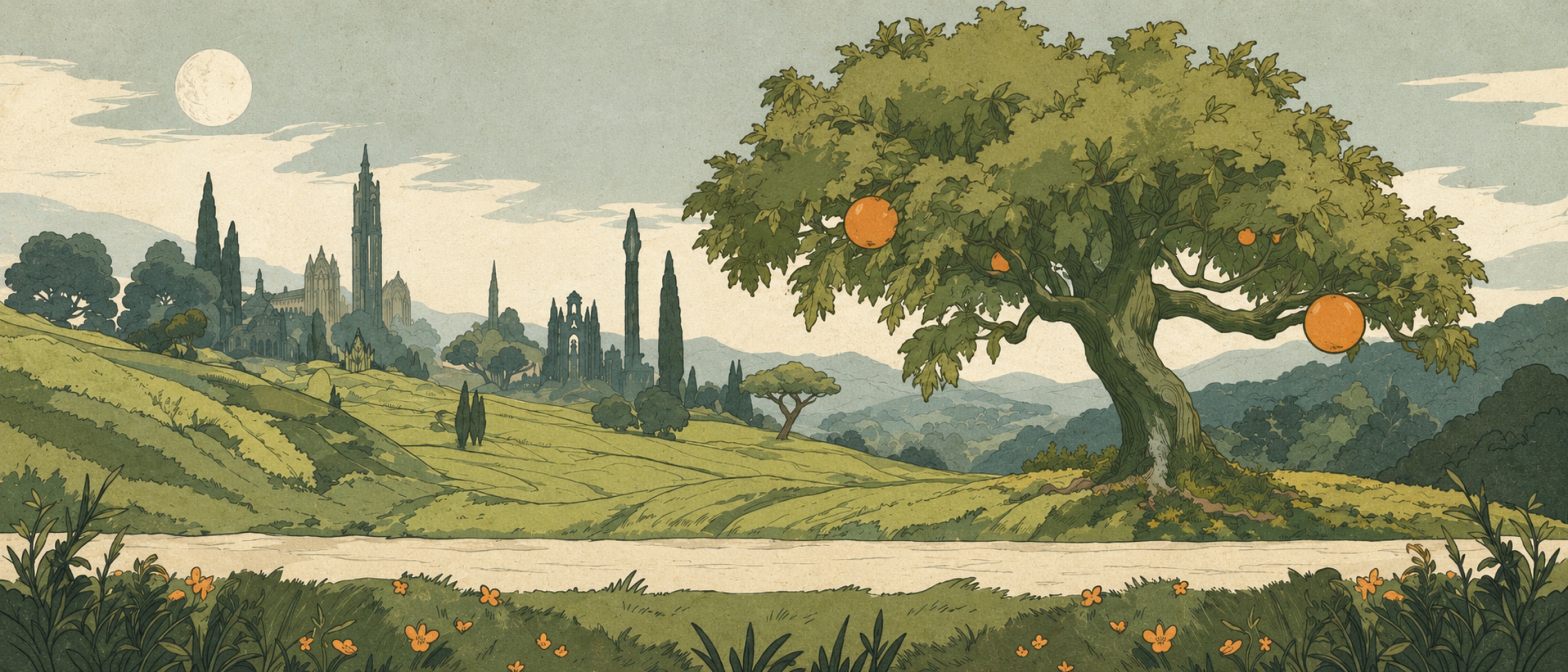 An illustrated green valley, distant towers, a moon and a giant fruit tree