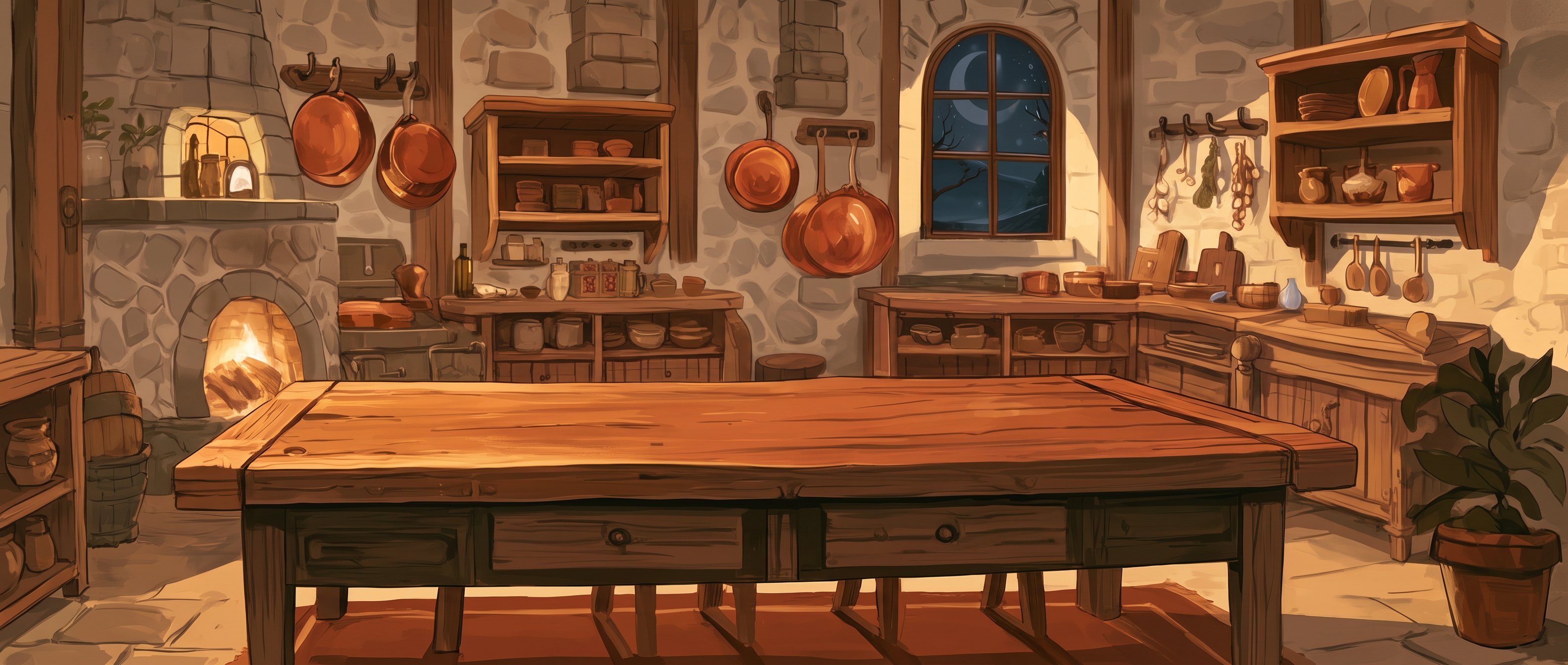 A warm stone kitchen at night with a long wooden table, a fireplace and hanging copper pans